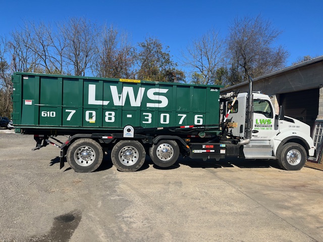 LWS Dumpsters truck ready for construction dumpster delivery near Lionville and Uwchlan Township, PA